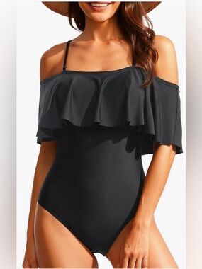 Amazon,Black,Off-Shoulder, Ruffle, One-Piece Swimwear, size XL